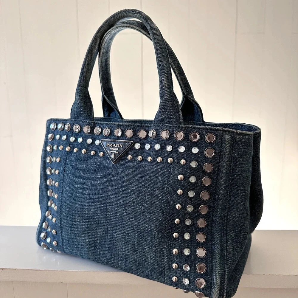 Prada Denim Blue Studded Tote Bag - Picture 1 of 16